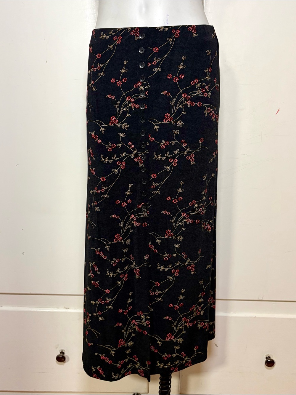 Vintage 90s Black Red Floral Slinky Midi Skirt